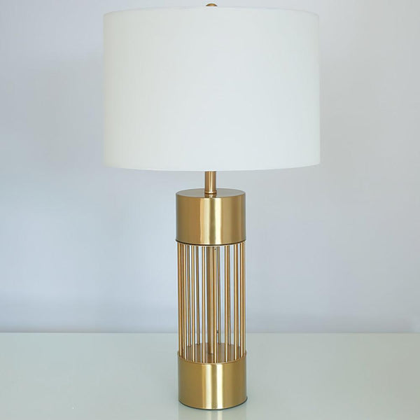 gold metal table lamp white fabric drum shade bedroom living room