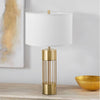 gold metal table lamp white fabric drum shade bedroom living room