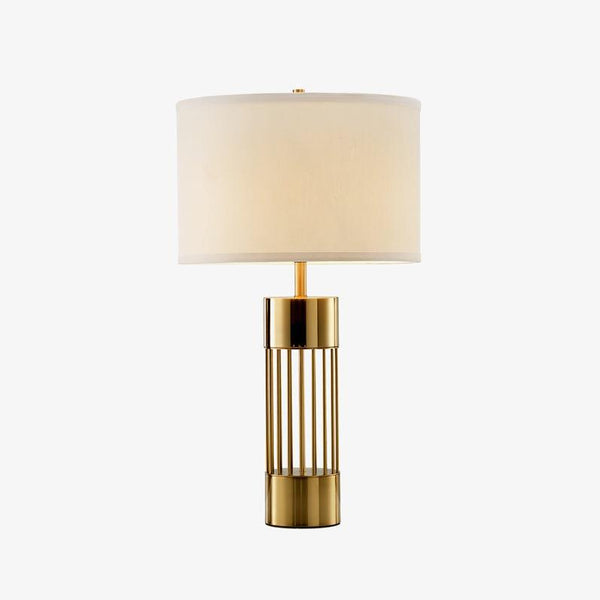 gold metal table lamp white fabric drum shade bedroom living room