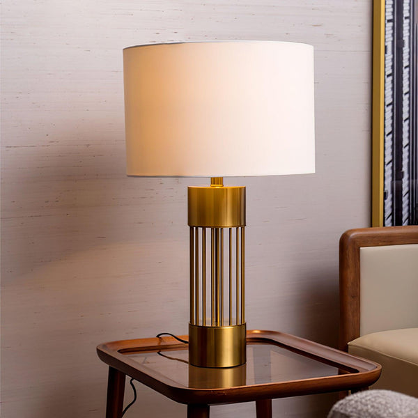 gold metal table lamp white fabric drum shade bedroom living room