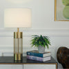 gold metal table lamp white fabric drum shade bedroom living room