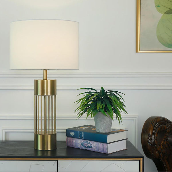 gold metal table lamp white fabric drum shade bedroom living room