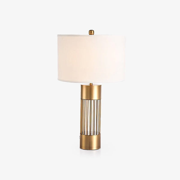 gold metal table lamp white fabric drum shade bedroom living room