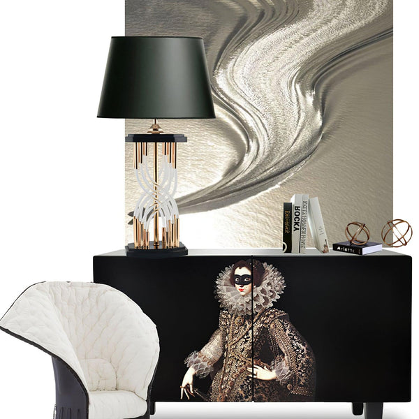 industrial glass table lamp gold black fabric shade