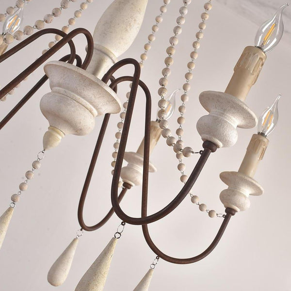 Rustic Farmhouse Wood Bead Chandelier With Teardrops Candle Style Lights