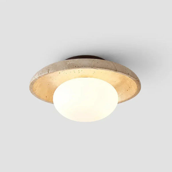 mid century cream travertine round flush mount ceiling light