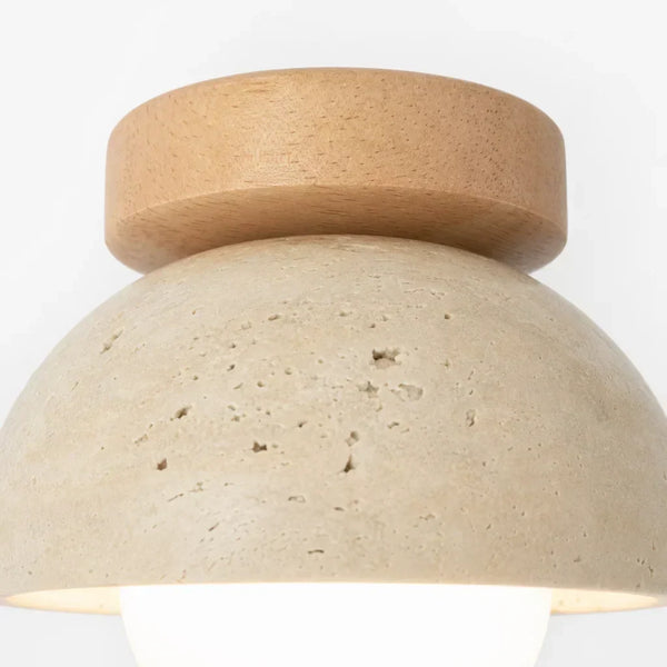 mid century cream travertine round flush mount ceiling light