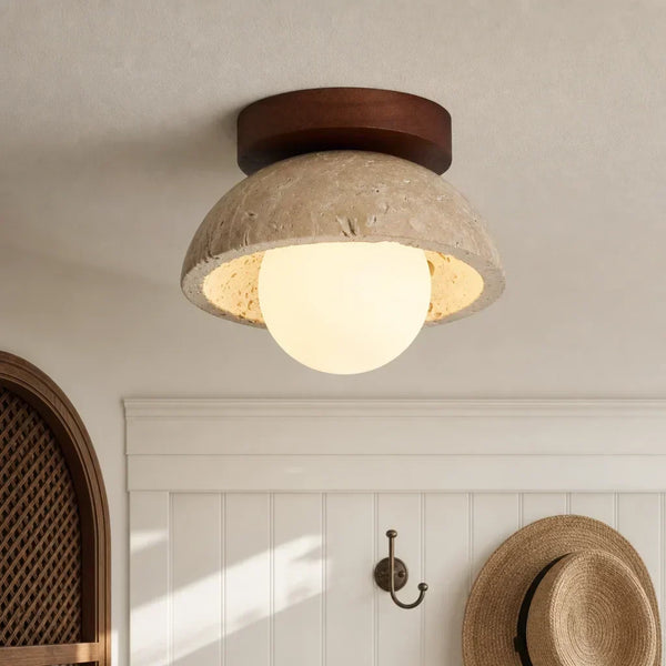 mid century cream travertine round flush mount ceiling light