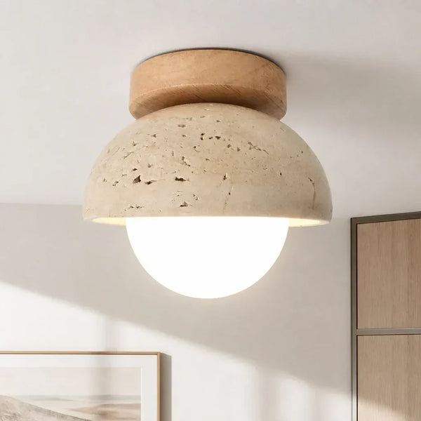 mid century cream travertine round flush mount ceiling light