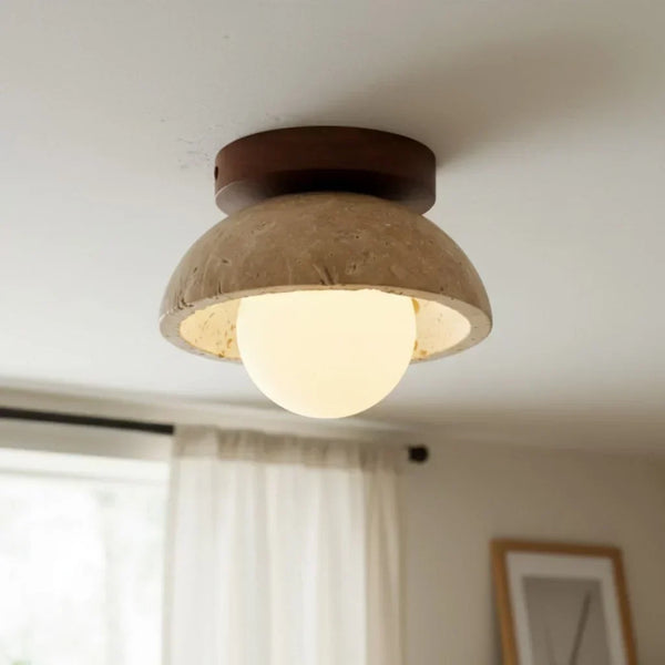 mid century cream travertine round flush mount ceiling light