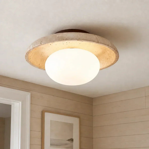 mid century cream travertine round flush mount ceiling light