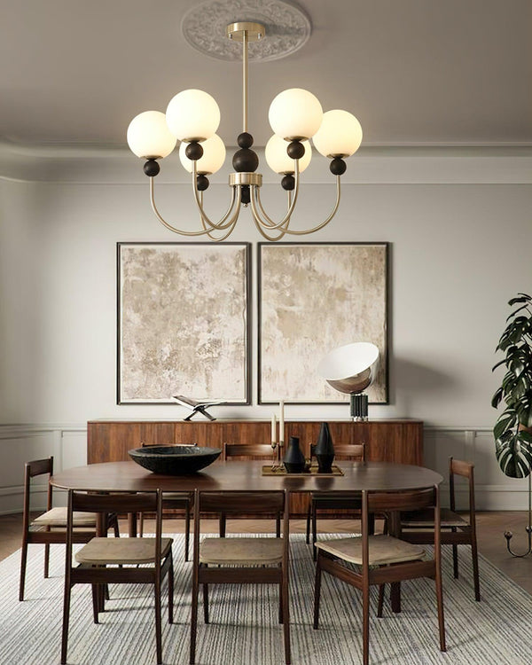 mid century walnut gold frosted glass globe chandelier