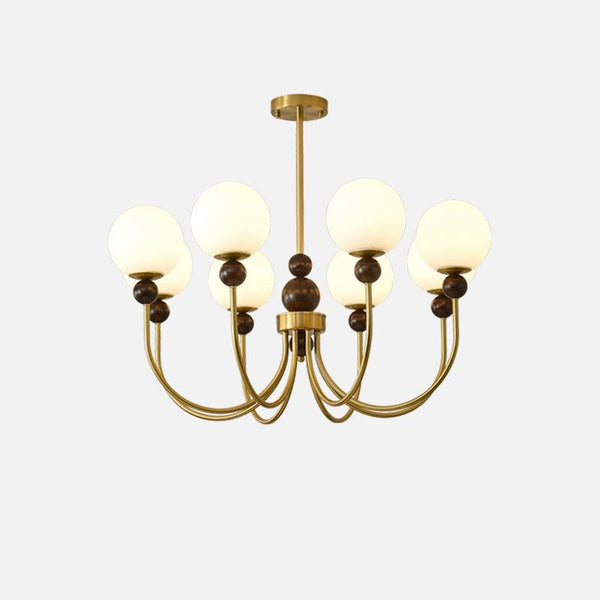 mid century walnut gold frosted glass globe chandelier