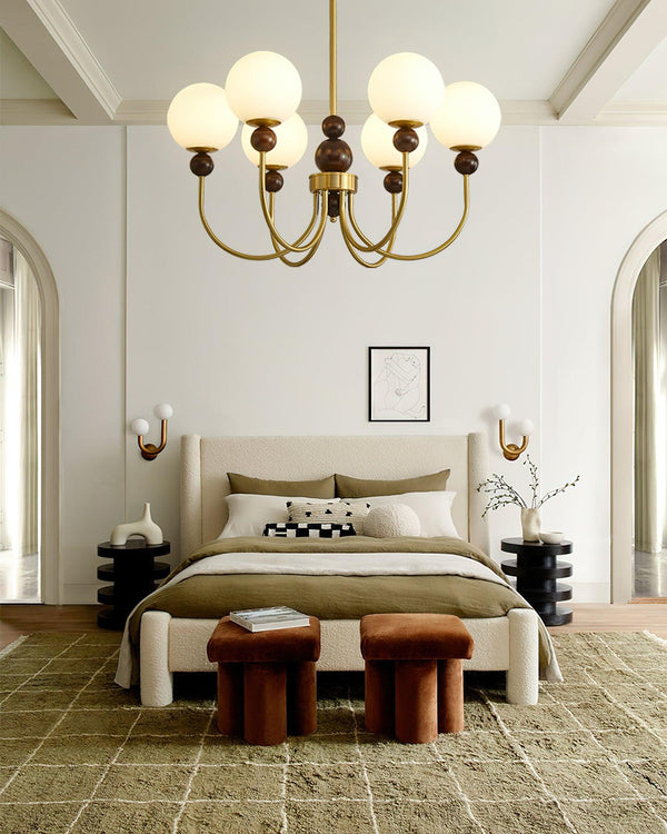 mid century walnut gold frosted glass globe chandelier