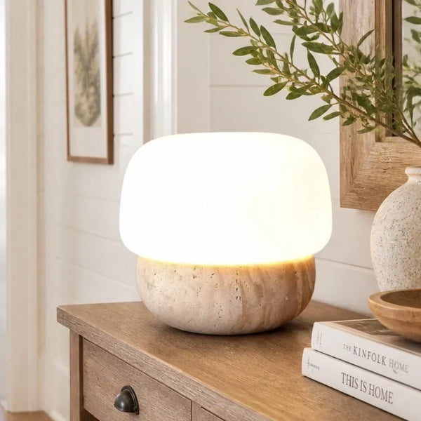 minimalist travertine glass mushroom table lamp