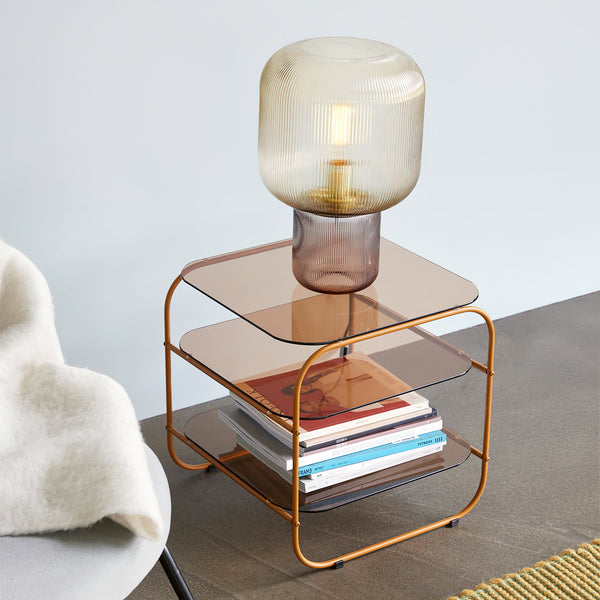 modern amber ribbed glass mushroom table lamp