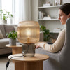 modern amber ribbed glass mushroom table lamp