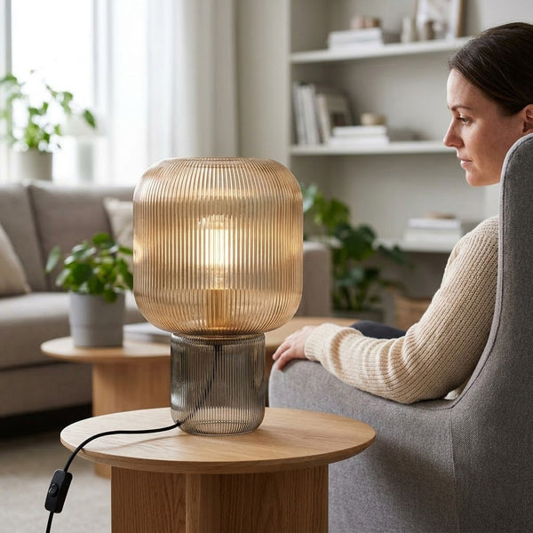 modern amber ribbed glass mushroom table lamp