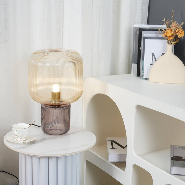 modern amber ribbed glass mushroom table lamp