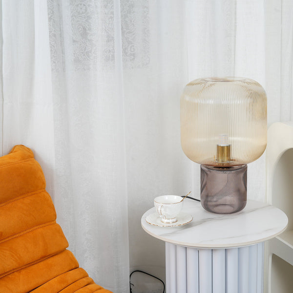 modern amber ribbed glass mushroom table lamp
