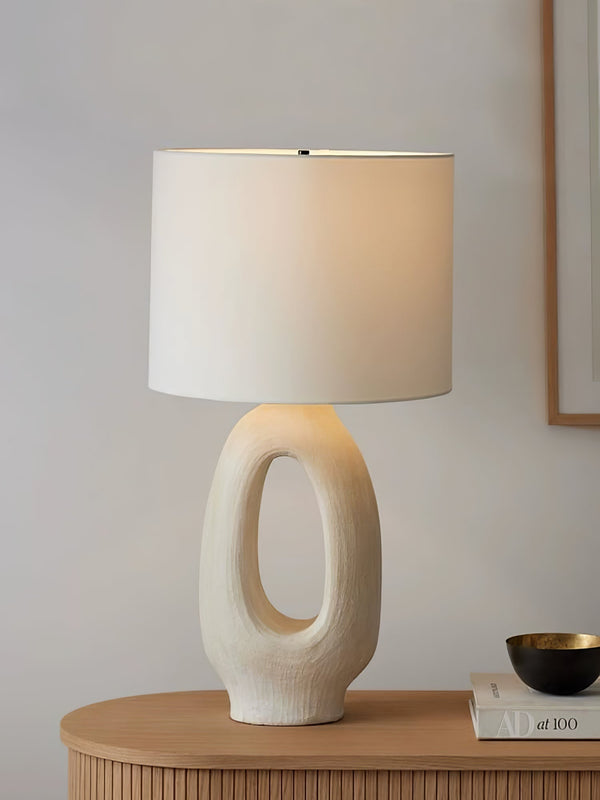 modern beige resin sculptural fabric table lamp