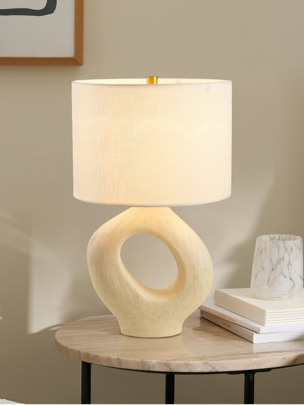 modern beige resin sculptural fabric table lamp