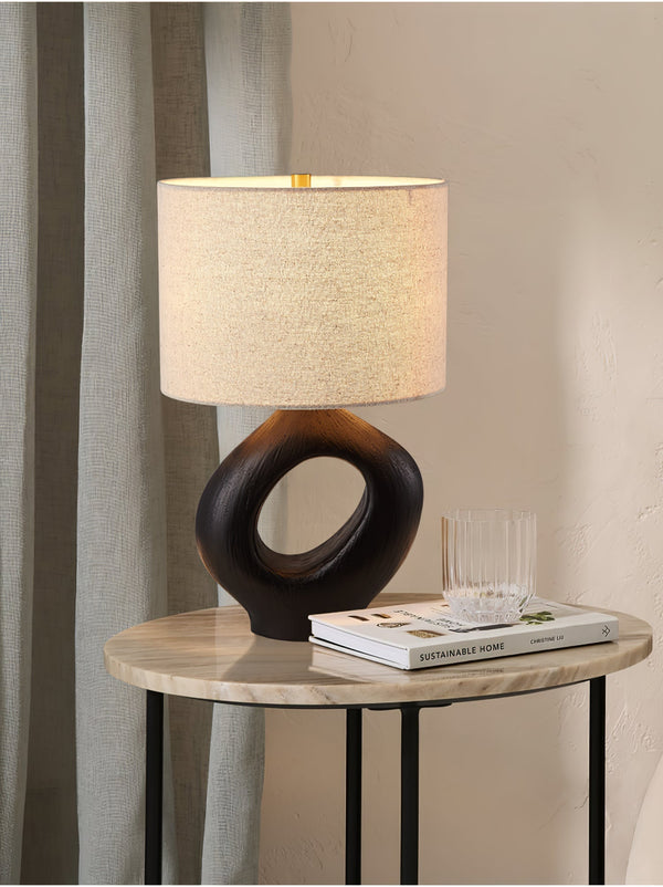 modern beige resin sculptural fabric table lamp