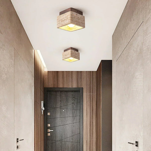 modern beige travertine cube flush mount ceiling light
