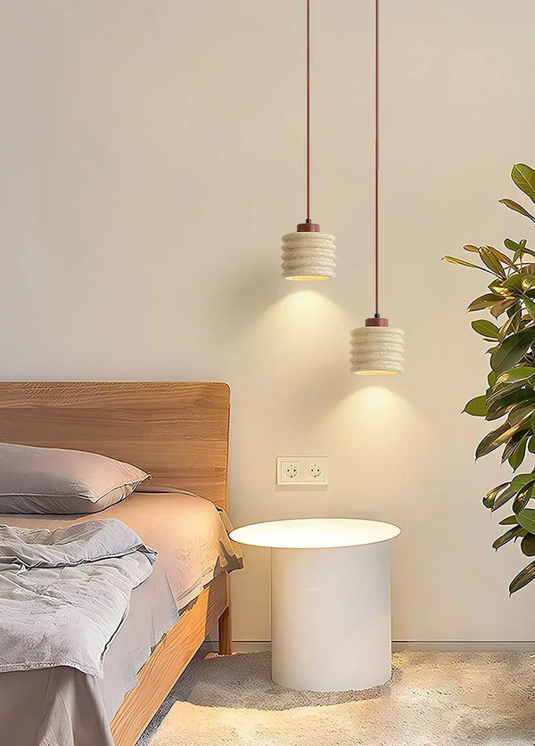 modern beige travertine wood column pendant lamp