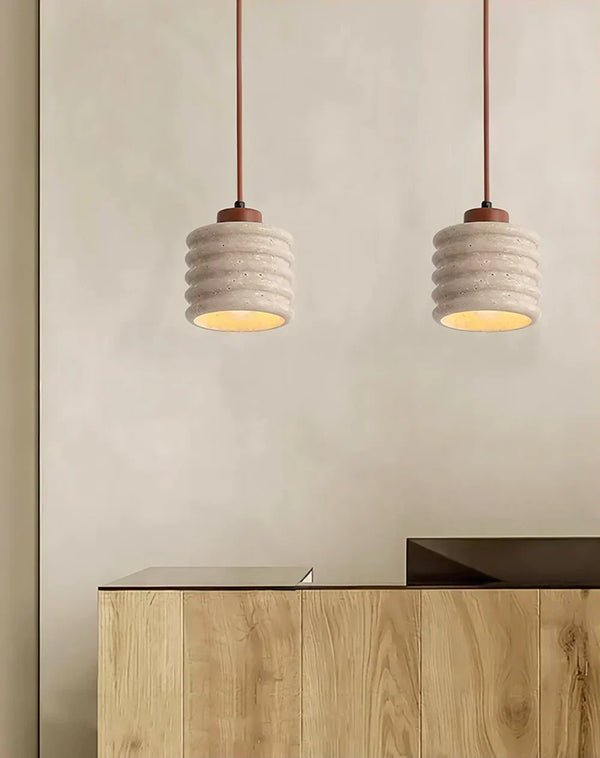 modern beige travertine wood column pendant lamp