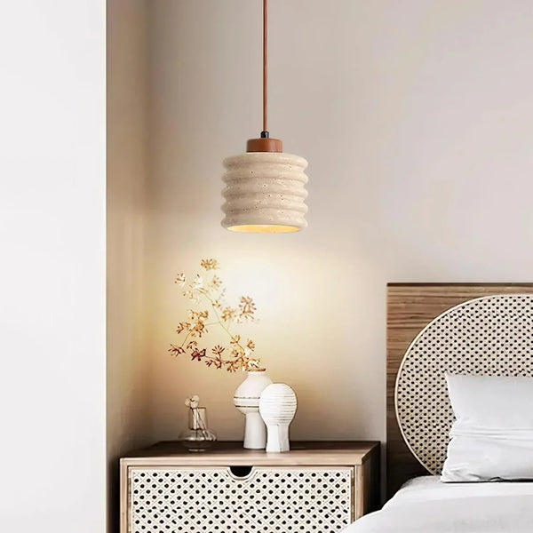 modern beige travertine wood column pendant lamp