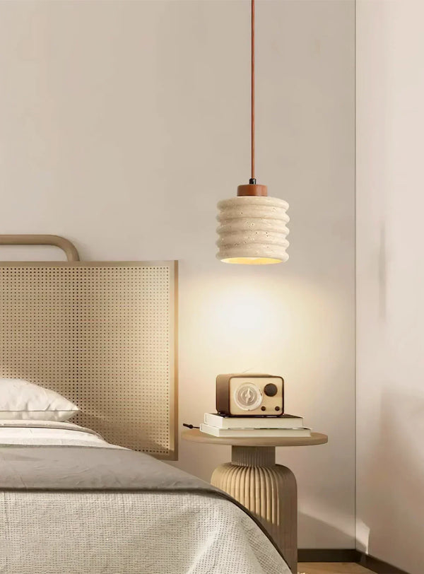 modern beige travertine wood column pendant lamp