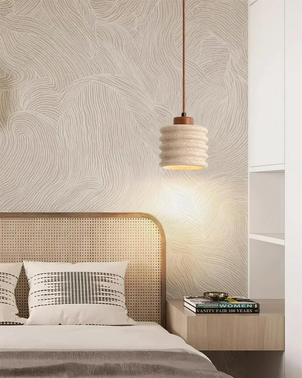 modern beige travertine wood column pendant lamp