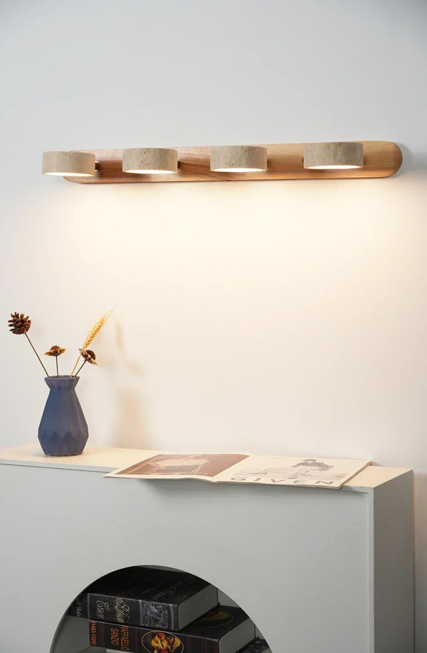 modern beige travertine wood duo led wall light
