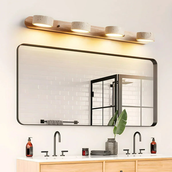 modern beige travertine wood duo led wall light