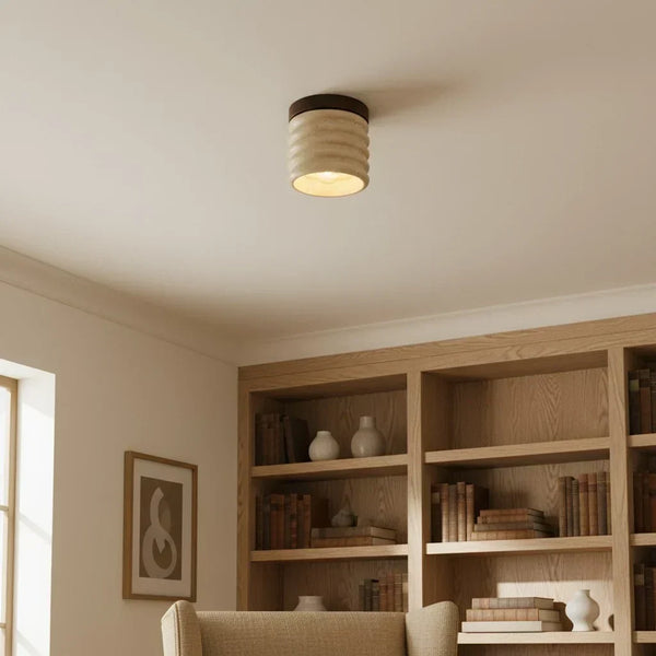 modern beige travertine wood flush mount ceiling light