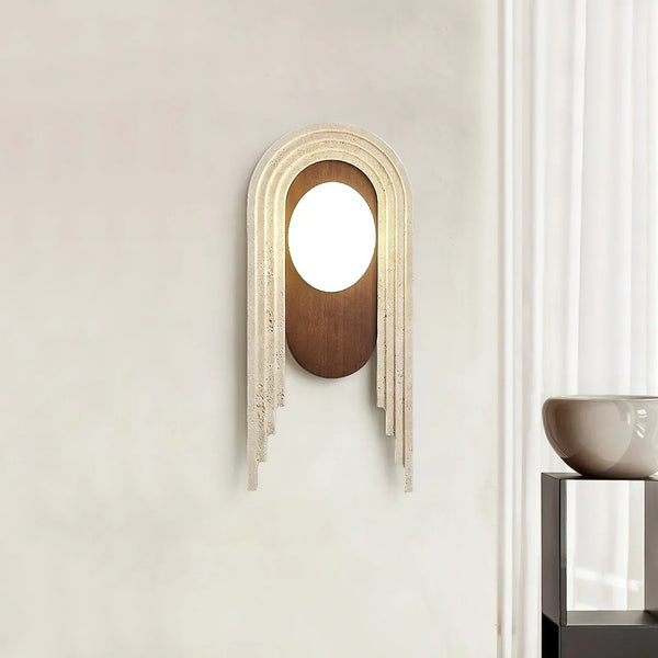 modern beige travertine wood glass wall light