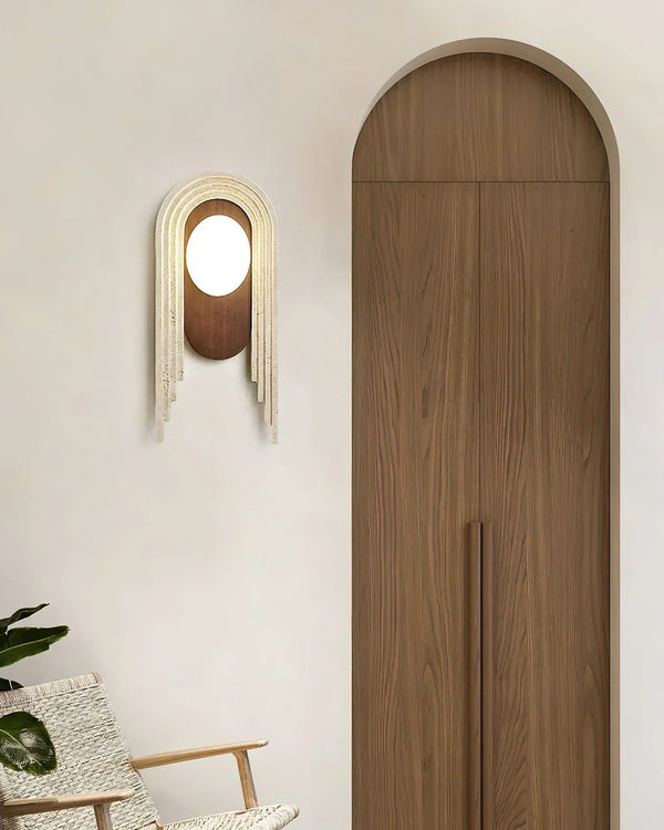 modern beige travertine wood glass wall light