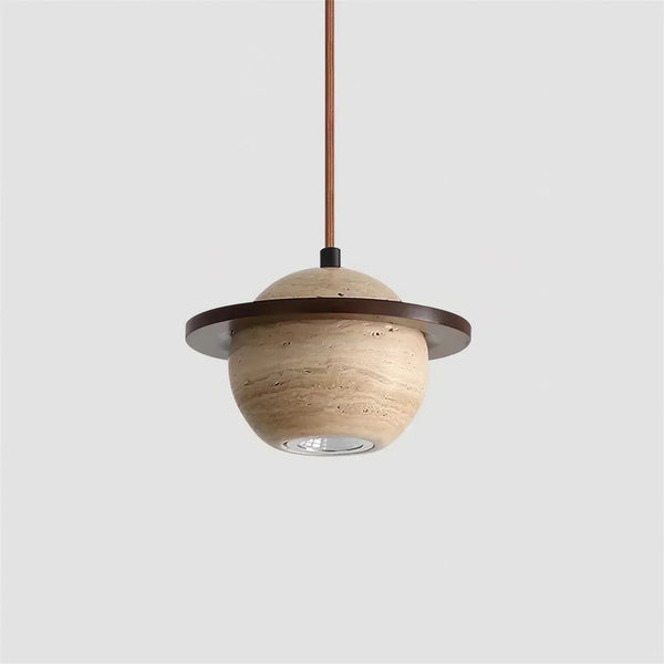 modern beige travertine wood planet pendant light