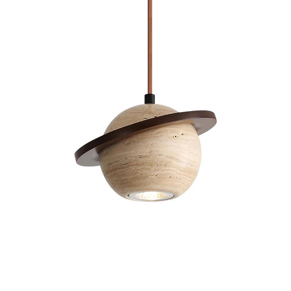 modern beige travertine wood planet pendant light