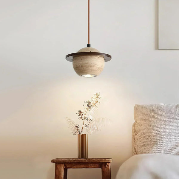 modern beige travertine wood planet pendant light