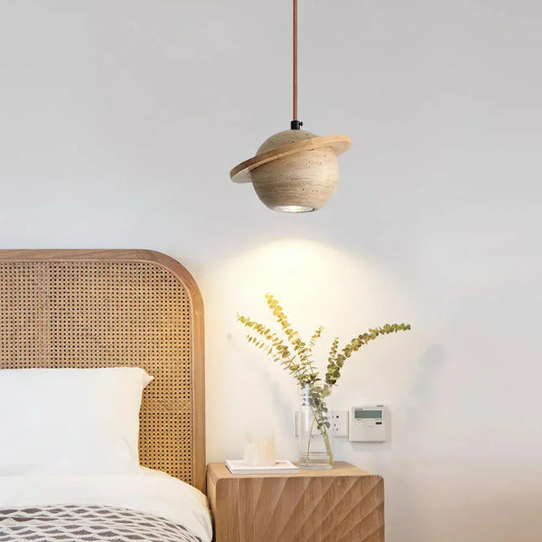 modern beige travertine wood planet pendant light