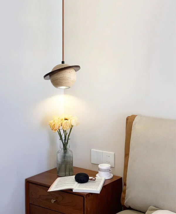 modern beige travertine wood planet pendant light
