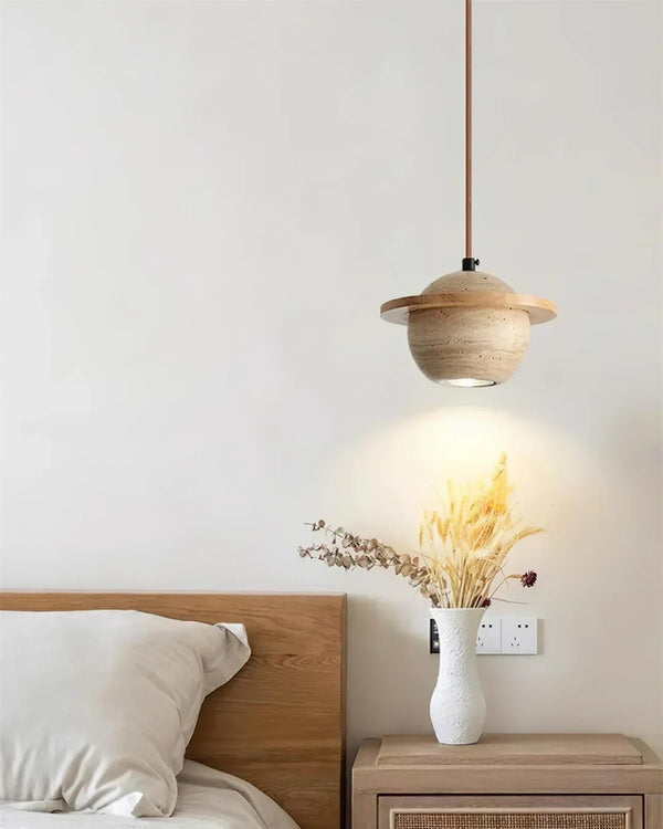 modern beige travertine wood planet pendant light