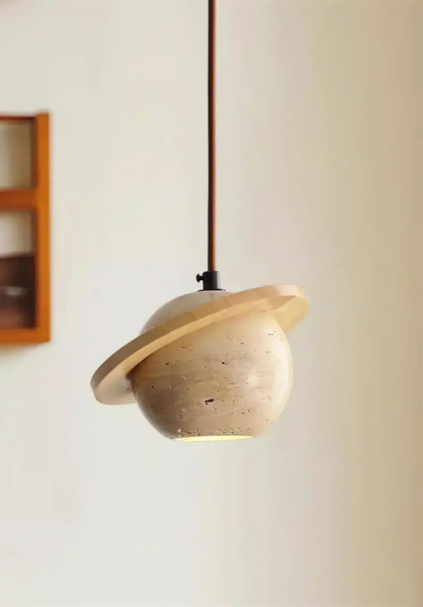 modern beige travertine wood planet pendant light