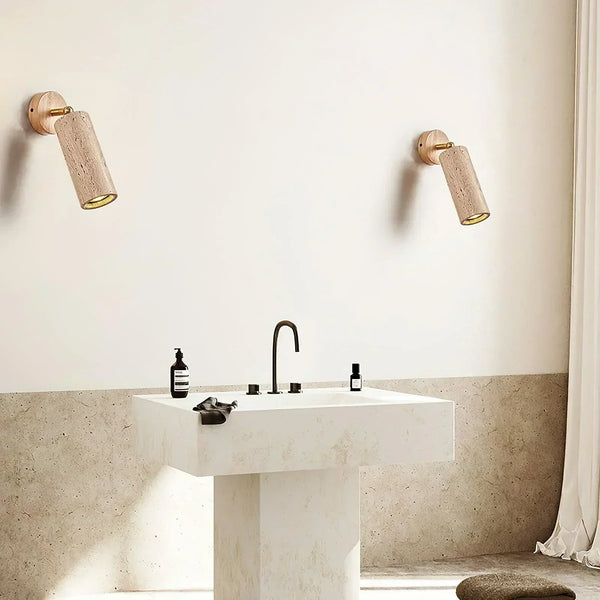 modern beige travertine wood wall sconce