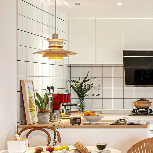modern beige walnut multilayer metal pendant light