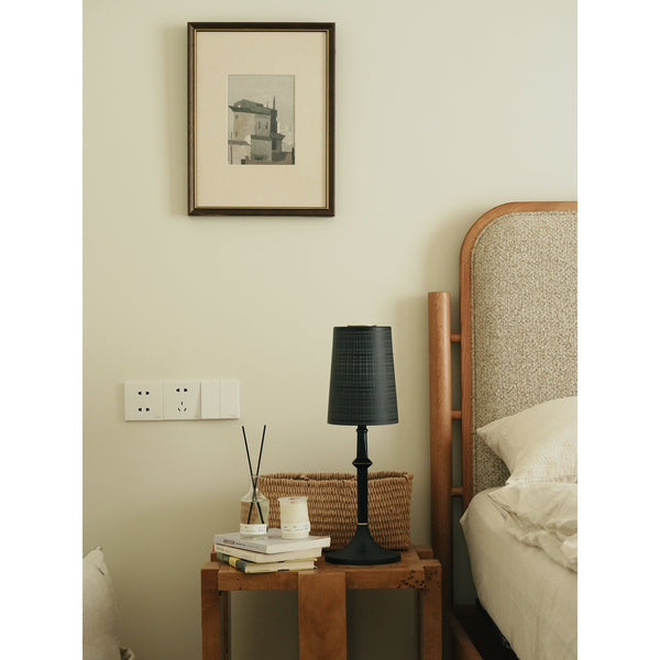 modern black iron wood glass rechargeable table lamp