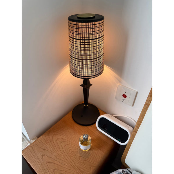 modern black iron wood glass rechargeable table lamp