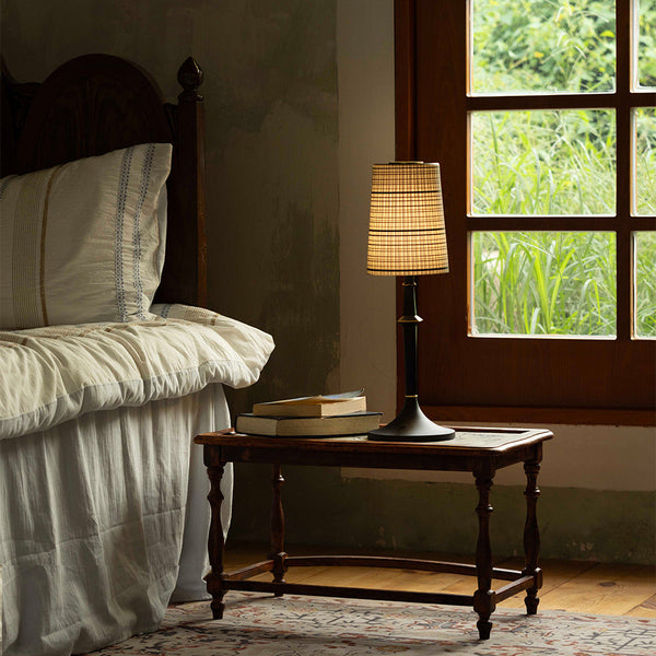 modern black iron wood glass rechargeable table lamp